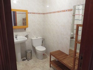 Combined shower/bathtub, hair dryer, towels, soap