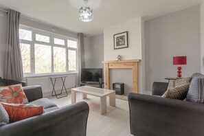 Una televisión, una chimenea, una oficina