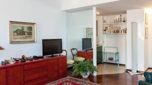 A living room with a red cabinet, two televisions, a green chair, and a potted plant. - BEAUTIFUL ROMAN APARTMENT NEXT TO TREVI FOUNTAIN (Roma)