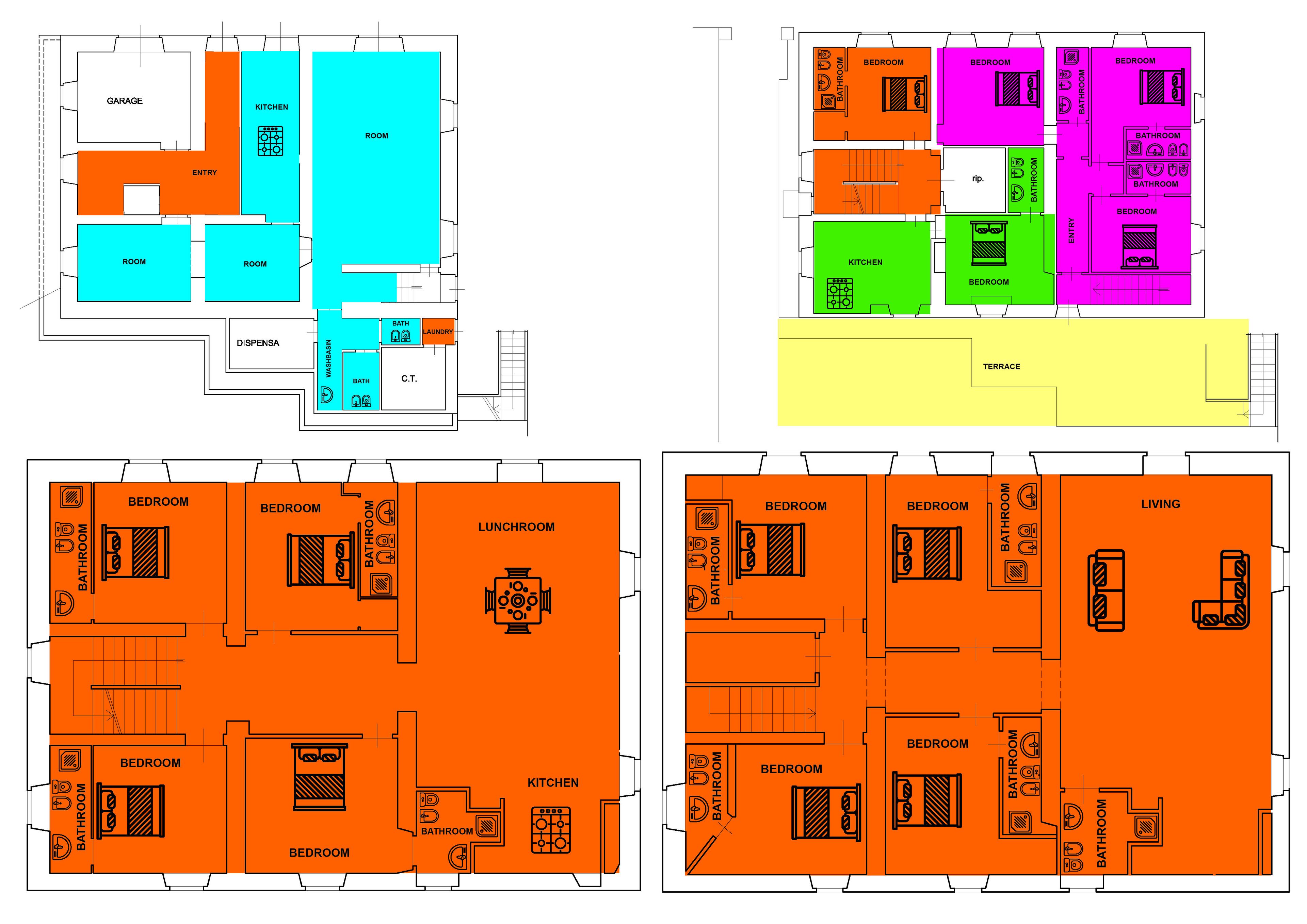 Een hotelplattegrond met meerdere verdiepingen, inclusief een garage, keuken, kamers, badkamers, een terras en een woongedeelte.
