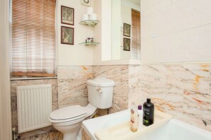 Bathtub, hair dryer, shampoo