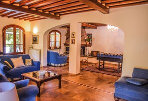 TV connectée, cheminée, lecteur de DVD, baby-foot