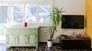 Una habitación con un armario verde, una planta en maceta, un televisor y una ventana con vistas a edificios.