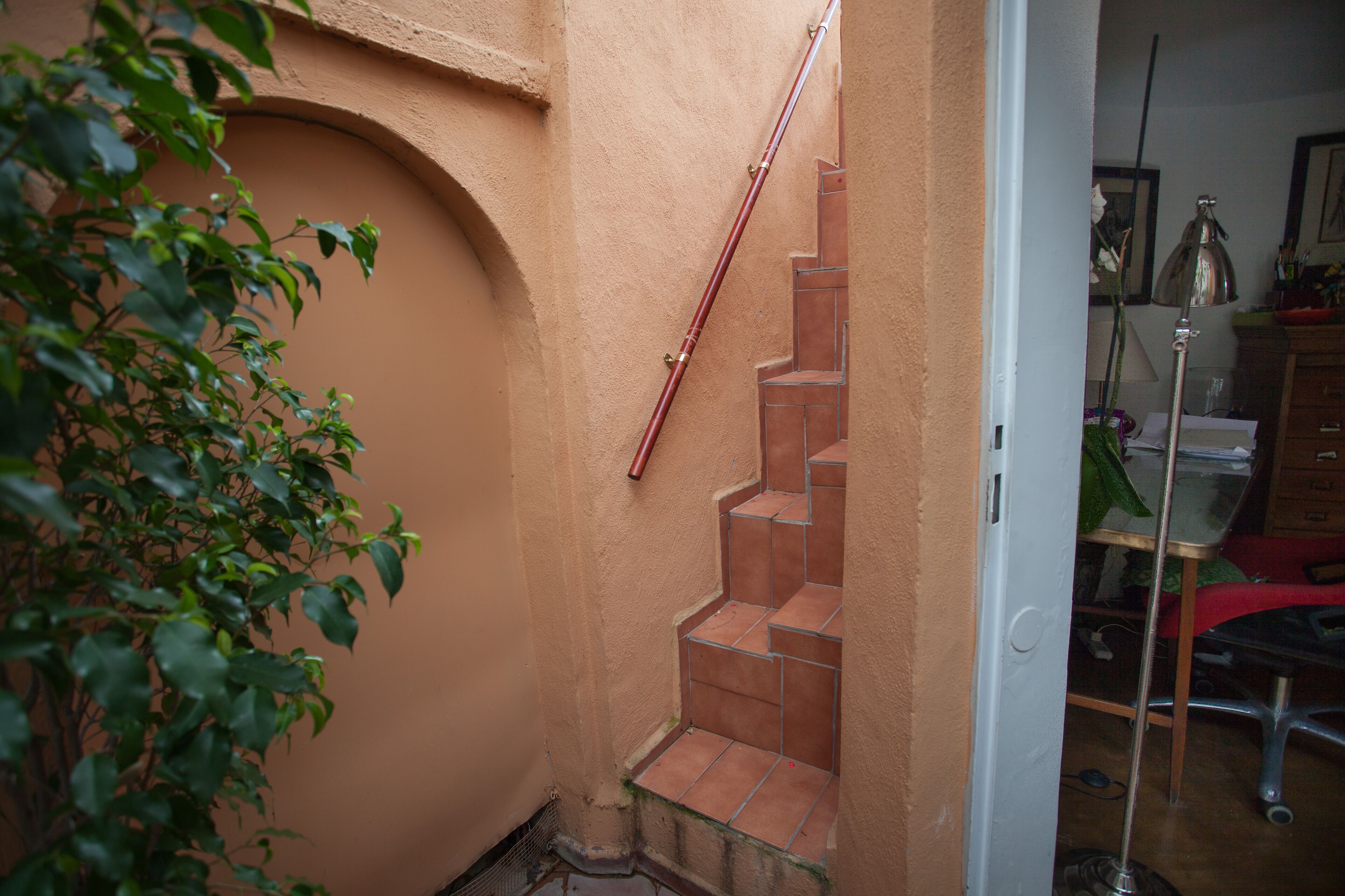 Uma escadaria com degraus em terracota que levam a um patamar, uma planta à esquerda e uma porta à direita.