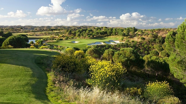 A golf course with bunkers, a water hazard, and a variety of trees and shrubs.