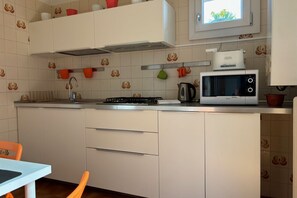 Fridge, microwave, stovetop, coffee/tea maker