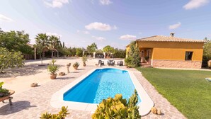 A swimming pool with lounge chairs, surrounded by potted plants and a well-maintained lawn.