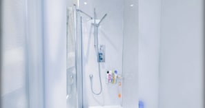 Bathtub, hair dryer, soap, shampoo