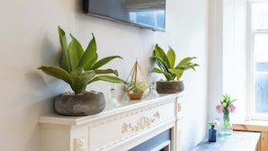 A fireplace with three potted plants, a decorative glass item, and a television mounted above. - Beautifully Modernised New Town Home for 5 (Edinburgh)