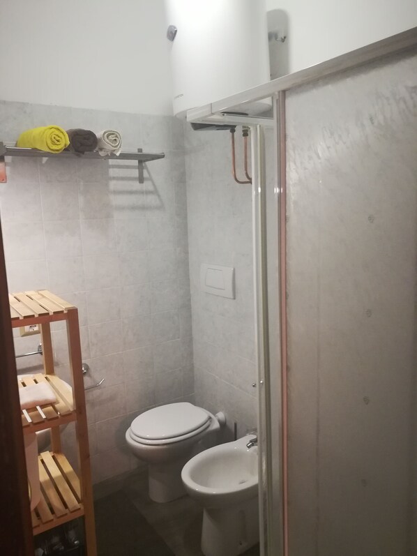 Een kleine badkamer met toilet, bidet en douchecabine.