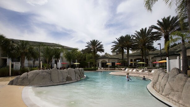 A swimming pool with a rock-lined edge, surrounded by palm trees and lounge chairs.