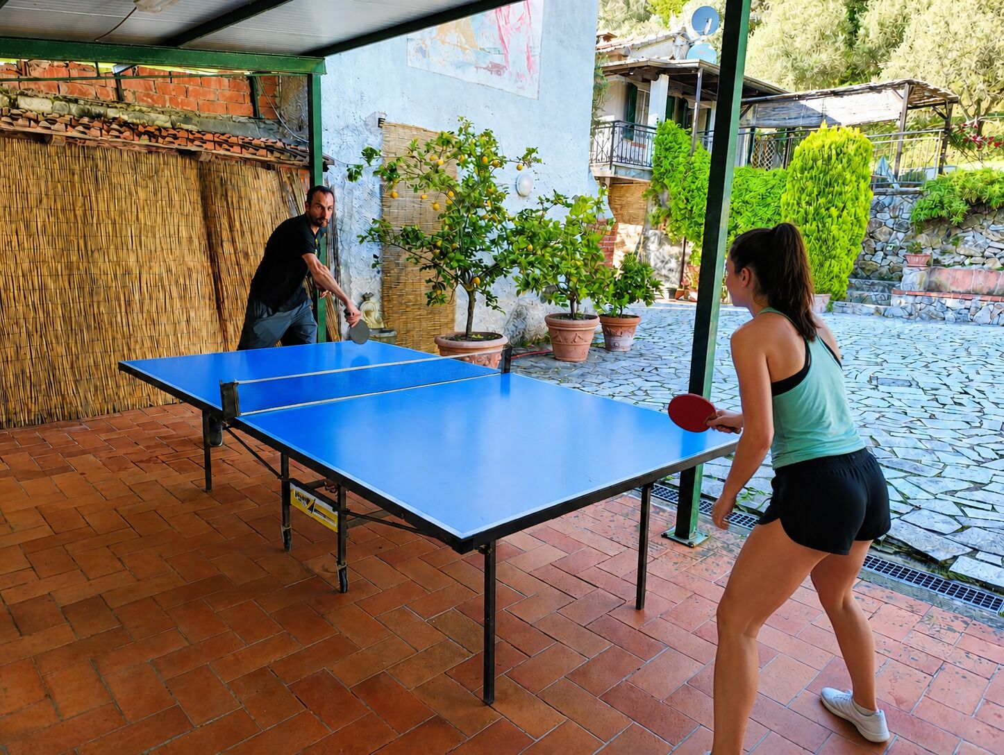 Ein Tischtennis-Tisch im Freien mit zwei Spielern, umgeben von Topfpflanzen und einer rustikalen Wand.