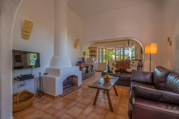 TV connectée, cheminée, lecteur de DVD, livres