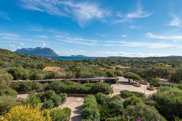 A scenic view of a coastal landscape with a prominent mountain, lush greenery, and a clear blue sky.