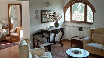 Fireplace, DVD player, books, music library