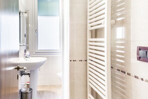 Shower, hair dryer, bidet, towels