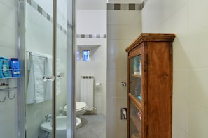 Shower, hair dryer, bidet, towels