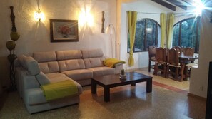 Televisio, takka, kirjoja, stereot