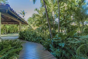 A wooden pathway leading through a lush garden with various tropical plants and a covered structure.