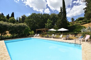 A swimming pool with lounge chairs and umbrellas, surrounded by greenery and trees.