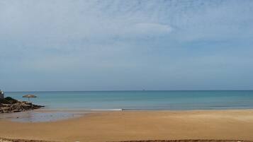 Ein Strand mit sandigem Ufer und ruhigem Wasser.