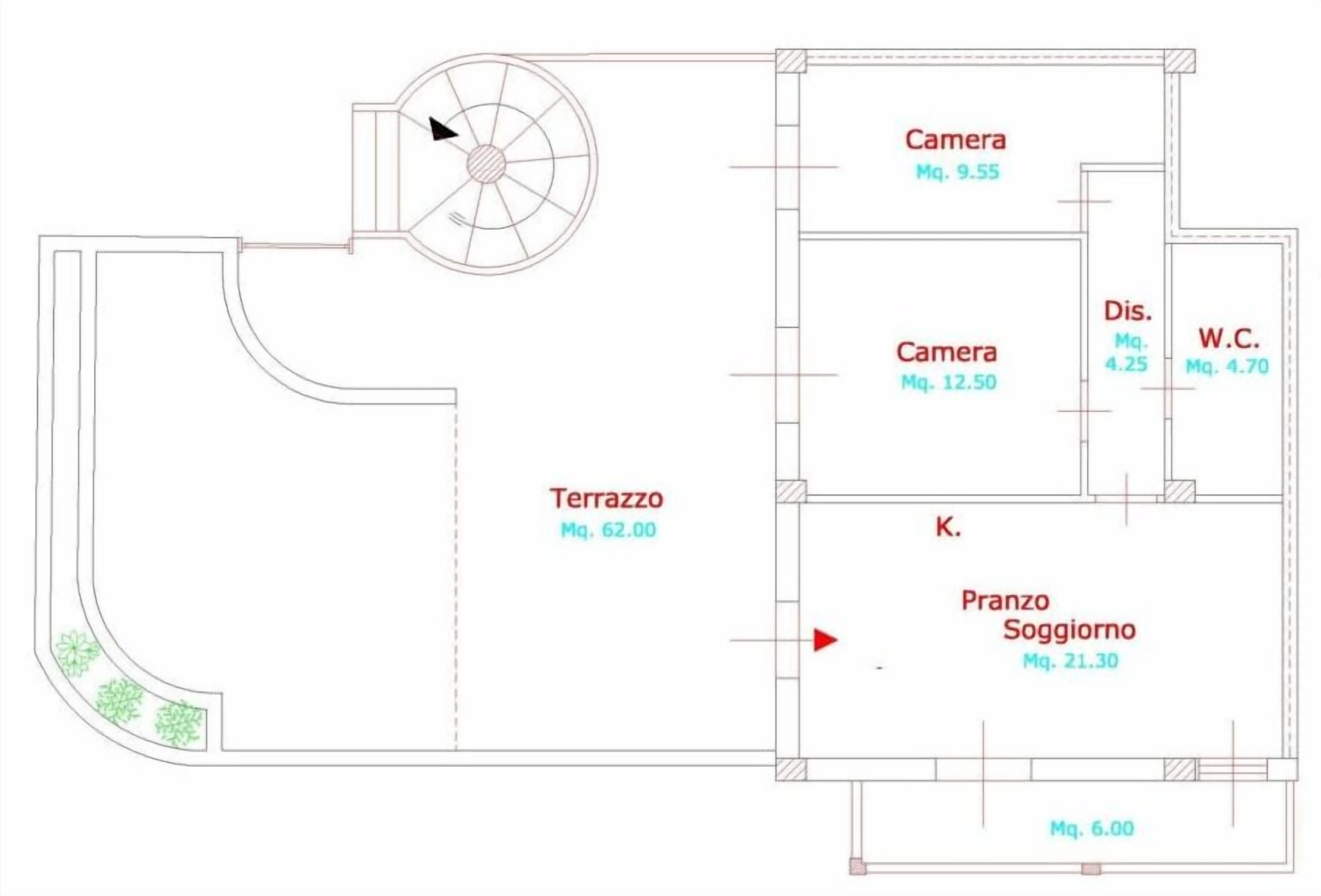 Plano de planta con terraza, dos cámaras de seguridad, kitchenette, baño y zona de estar.
