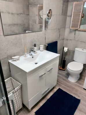 Hair dryer, towels, soap, shampoo