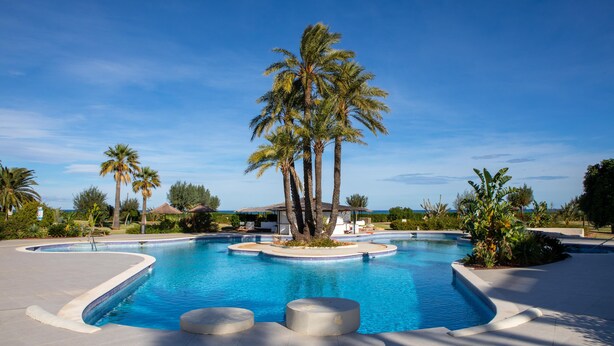 A large, clear swimming pool surrounded by palm trees and a clear blue sky. - Lovely appartment at 50m from the beach, with swimming pool and beach bar. 4 pers. Wifi. (Dénia)