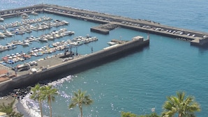 Ein Yachthafen mit zahlreichen Booten, einer langen Pier und einem Sandstrand mit Palmen.
