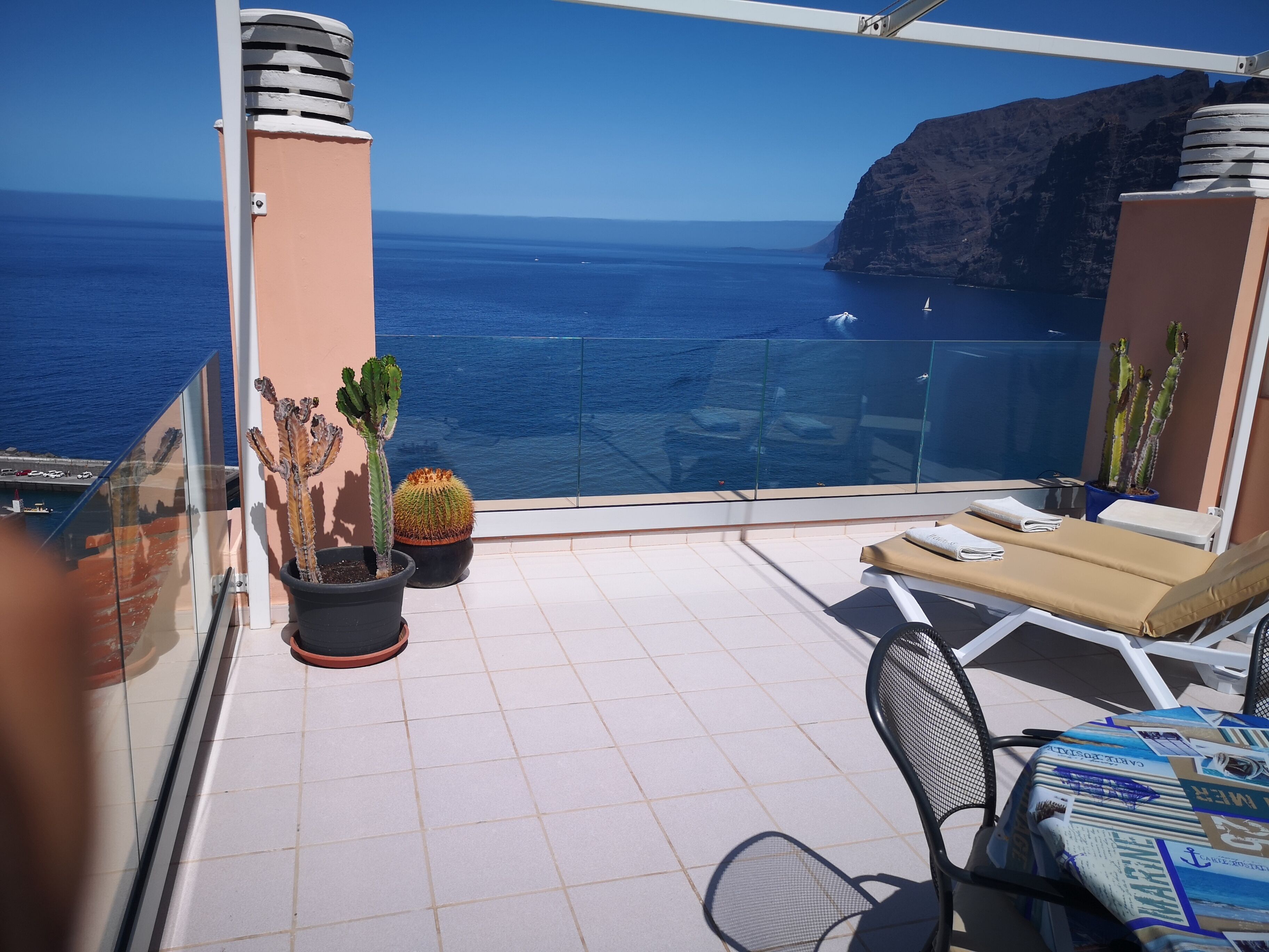 Un balcón con vista al océano, una mesa, una silla y cactus en macetas.