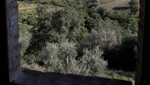 A view through a stone-framed window of a rural landscape with rolling hills, scattered trees, and a distant hilltop settlement. - Villa Mulinello, secluded, panoramic view over Montepulciano valley. (torrita di siena, fraz. montefollonico)