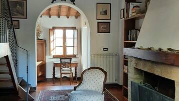 Kamin, DVD-Player, Bücher, Musikbibliothek