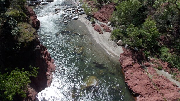 A river flowing through a rocky landscape with dense greenery on both sides.