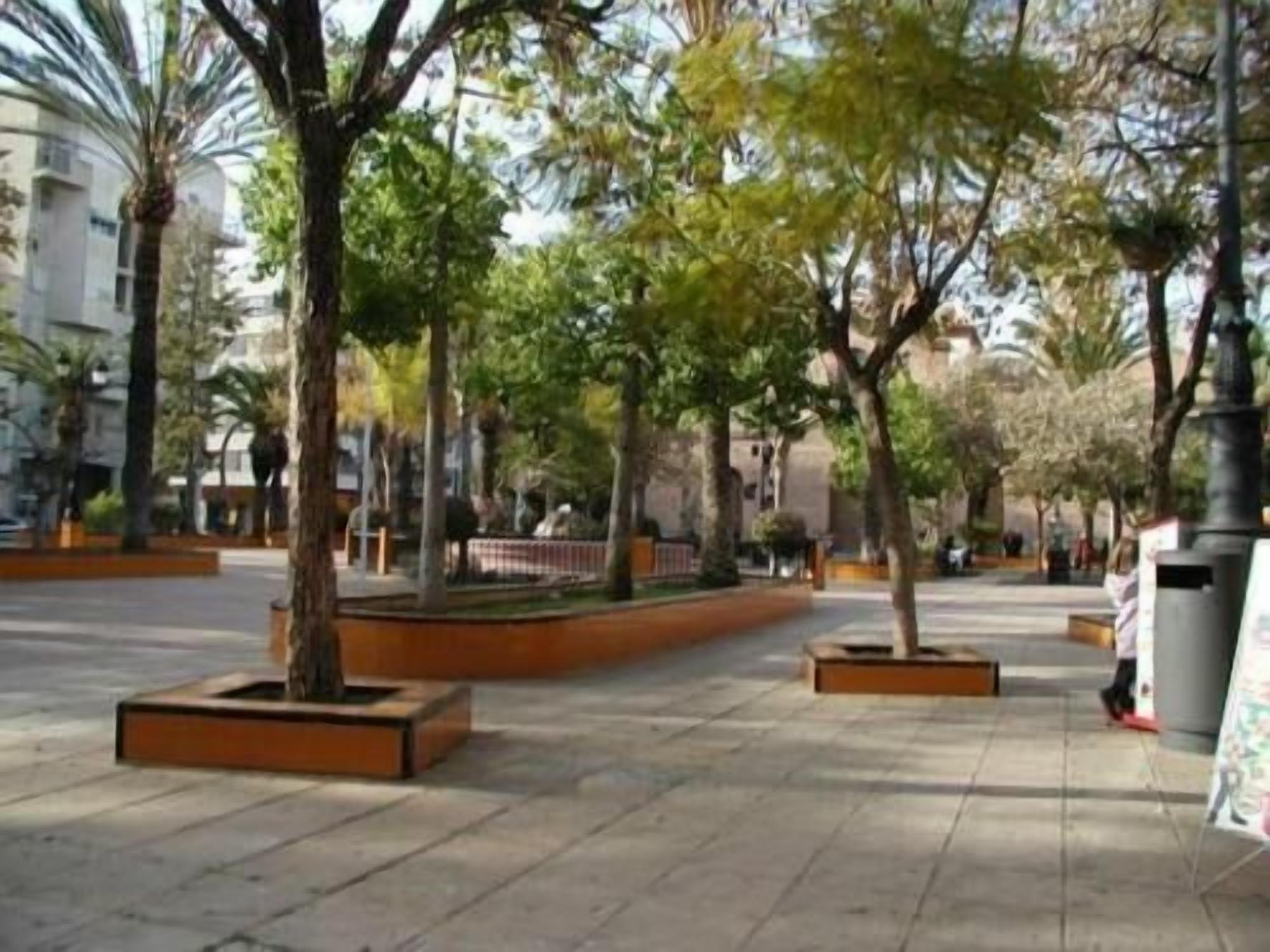 An outdoor plaza with trees and benches, surrounded by buildings.