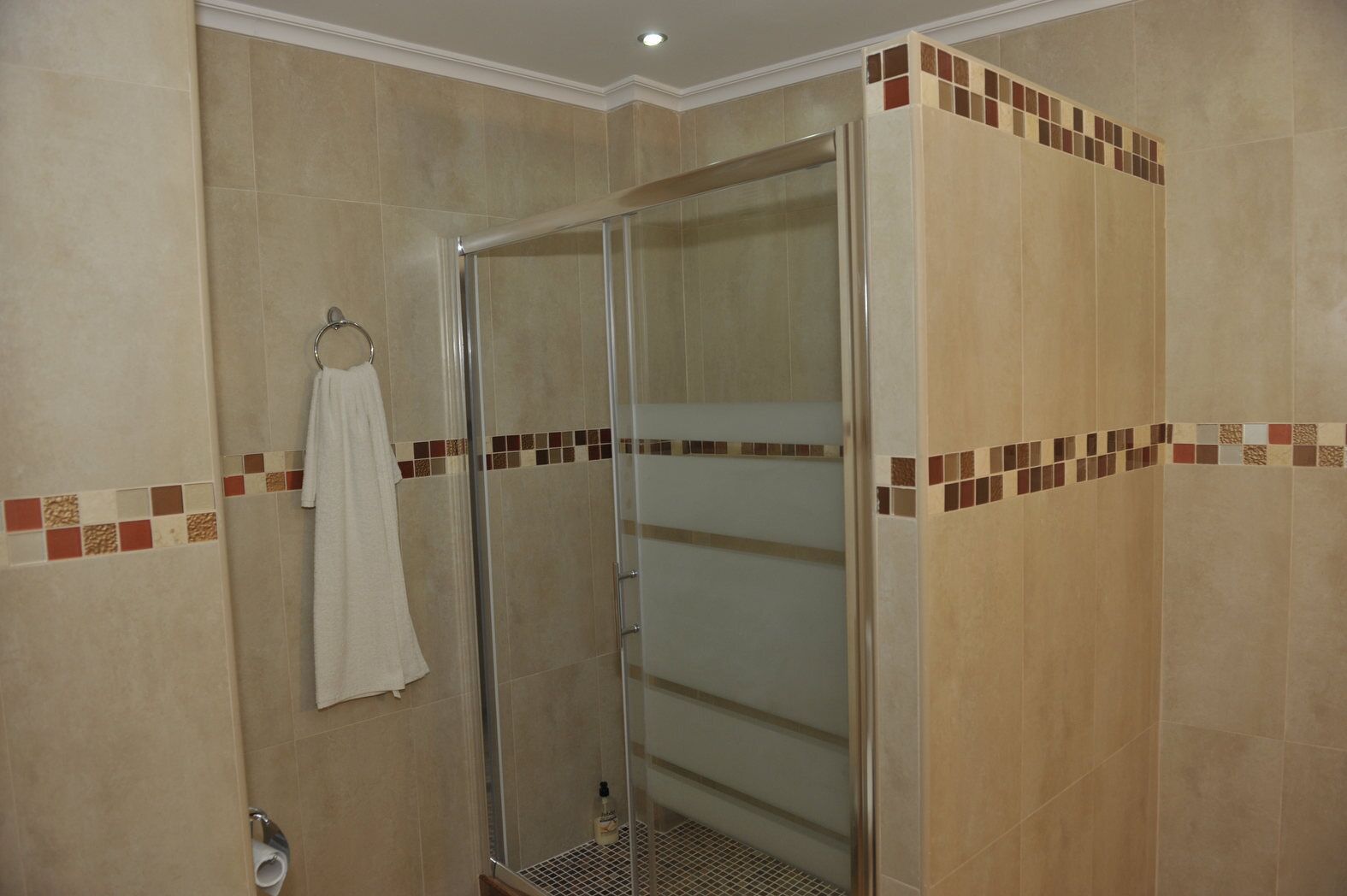 Un espace douche doté d’une porte en verre, de carreaux de couleur beige et d’une serviette accrochée au mur.