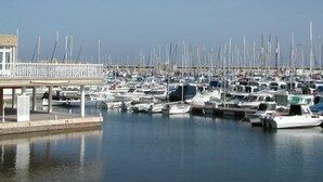 Un puerto deportivo con numerosas embarcaciones amarradas, un muelle y aguas tranquilas.