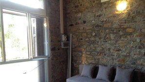 Una habitación con pared de piedra, un sofá gris y una ventana con contraventanas.
