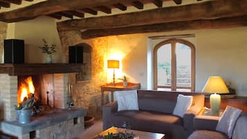 Fernseher, Kamin, DVD-Player, Bücher