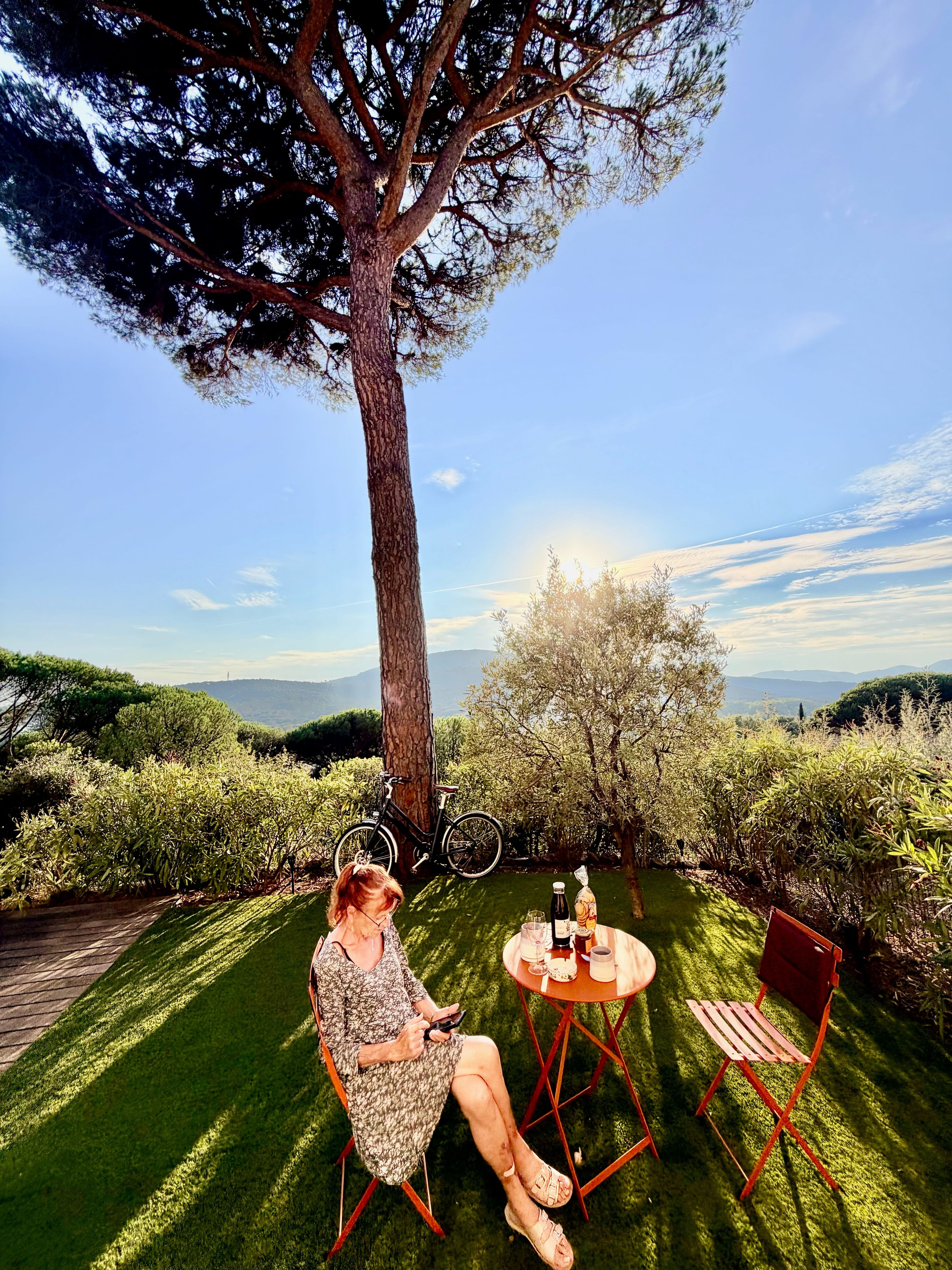 A person seated at a table with a bicycle nearby, surrounded by lush greenery and a clear sky.