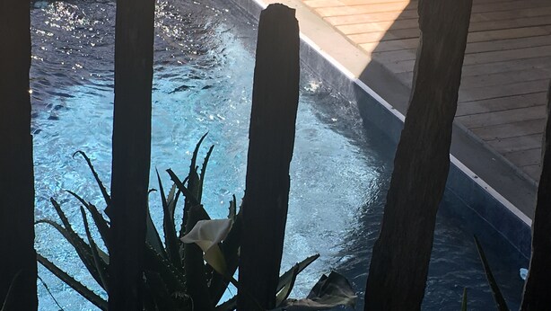 A swimming pool with a wooden deck and surrounding plants. - Loft on Mont St Clair with private pool and sea view - SETE (Sète)