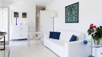 TV, fireplace, books