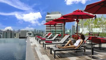 Outdoor pool, pool umbrellas, pool loungers