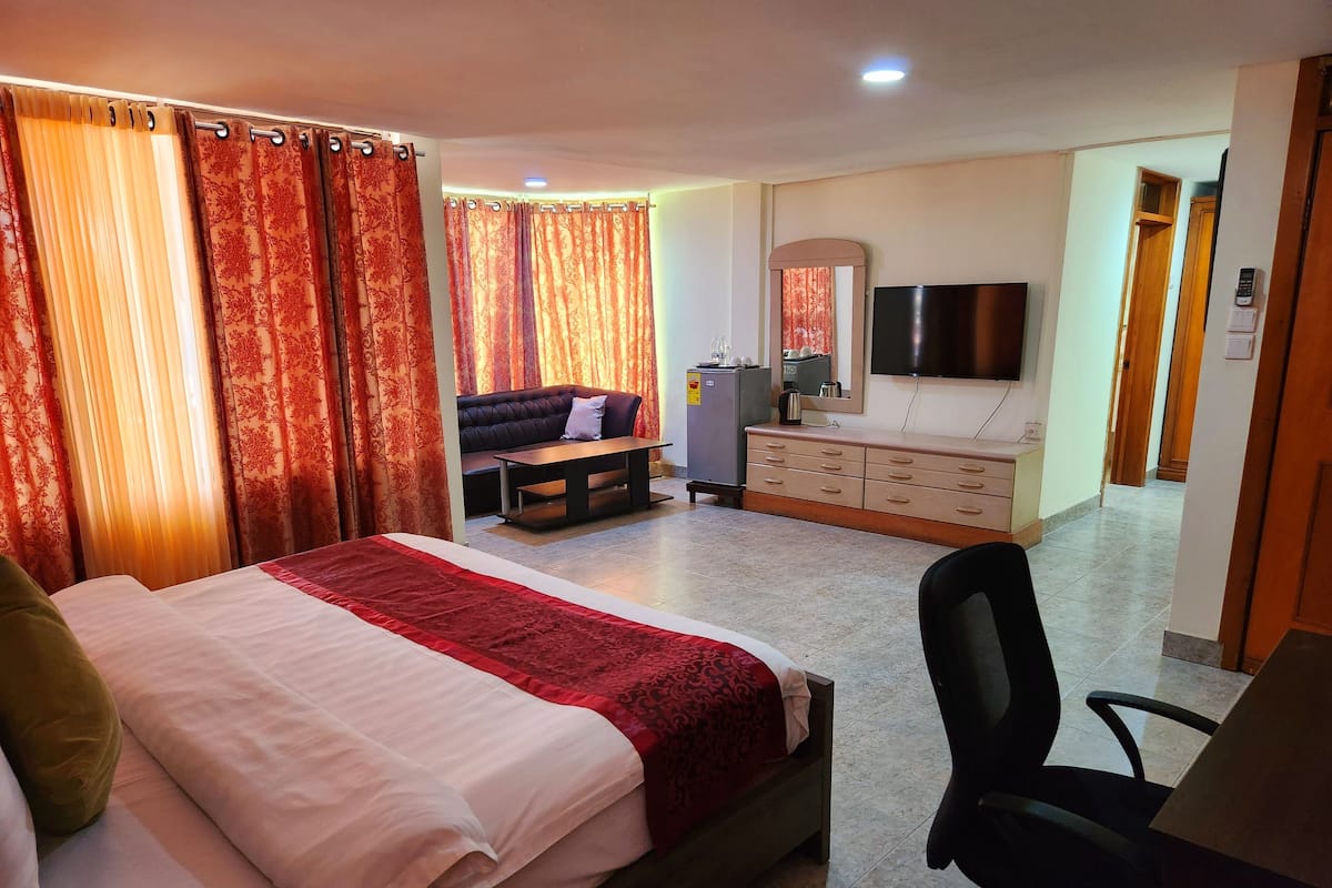 Une chambre d’hôtel comprenant un lit, un canapé, un bureau, une télévision et une armoire.