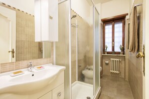 Shower, hair dryer, bidet, towels