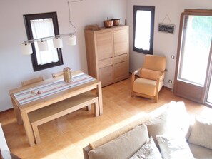 Télévision, cheminée, lecteur de DVD, livres