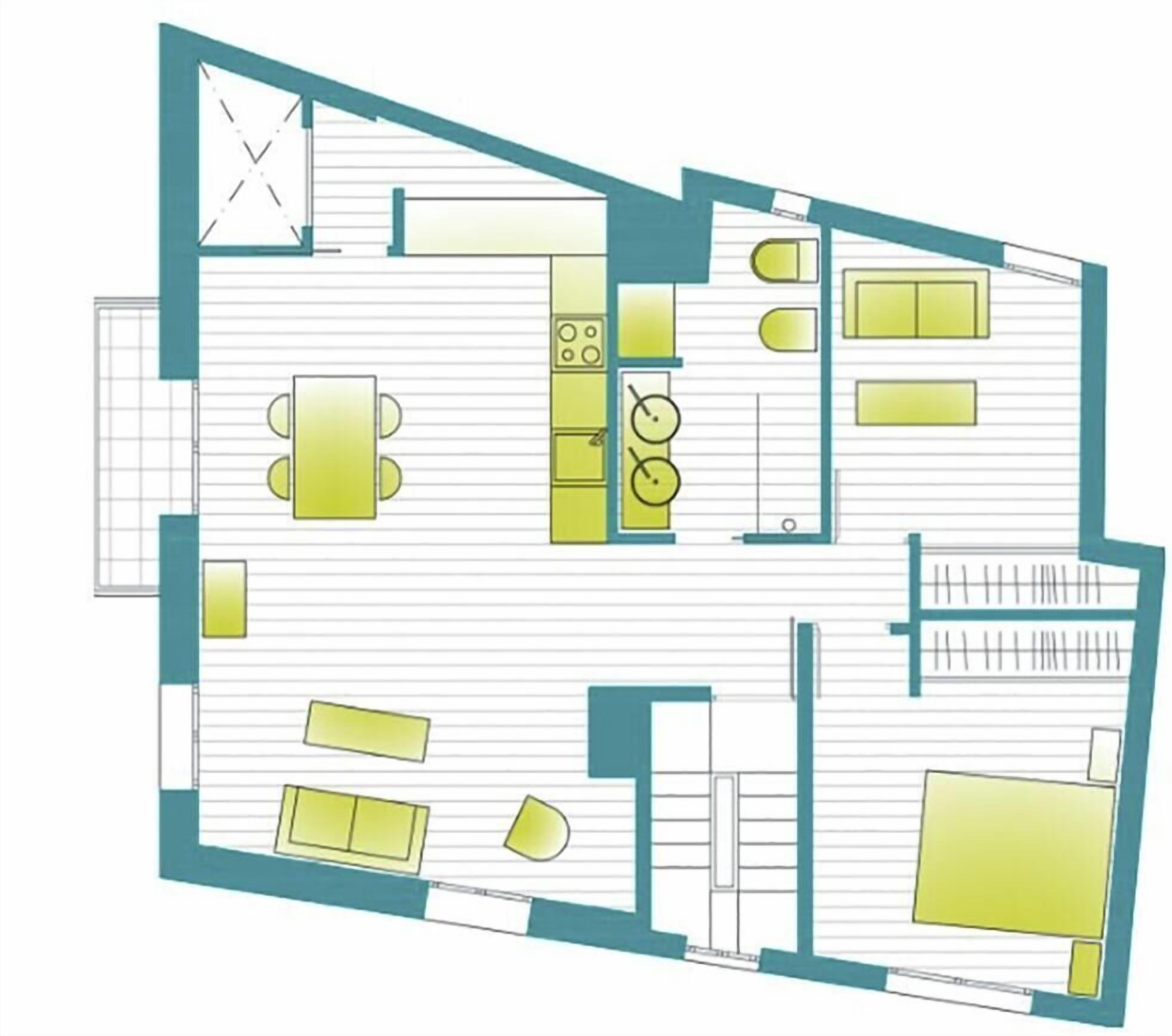 Plano de un cuarto de hotel con kitchenette, comedor, baño y sala de estar.