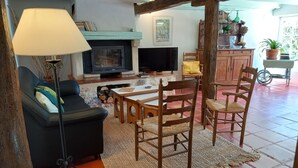 Ein gemütliches Wohnzimmer mit Sofa, Tisch, Stühlen, Lampe, Kamin und Fernseher.