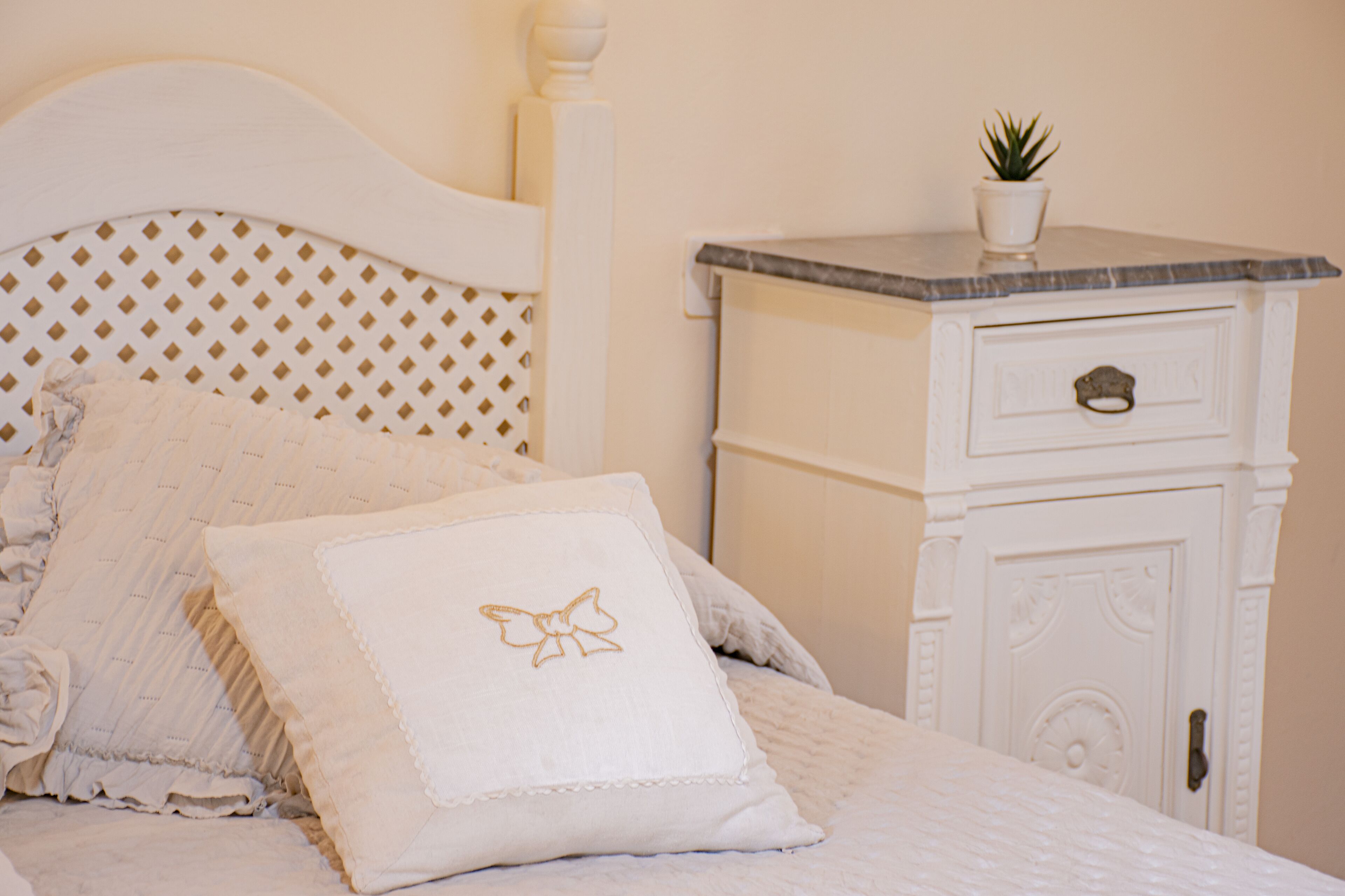 A neatly made bed with a white headboard, a bedside table with a plant, and a drawer.