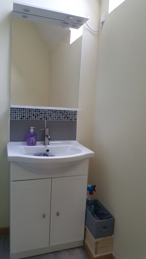 Shower, hair dryer, towels, toilet paper