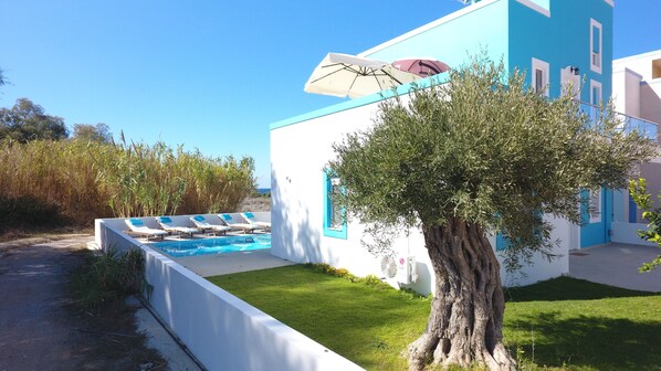 A modern building with a swimming pool, a tree, and a clear sky.